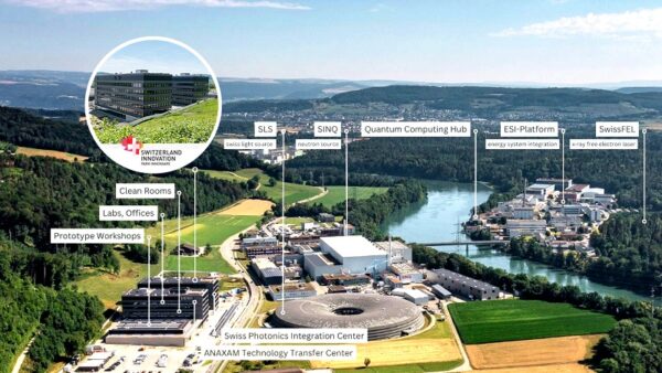 Europäisches PhotonikIndustrie-Consortium (EPIC), Switzerland Innovation Park Innovaare in Villigen (links im Bild) undPaul Scherrer Institut PSI. 